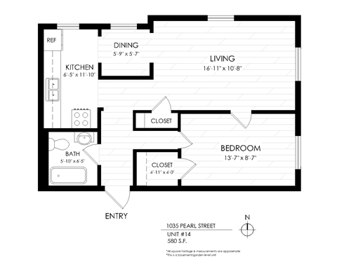 Floor plan for 1 bed, 1 bath, 650 sqft